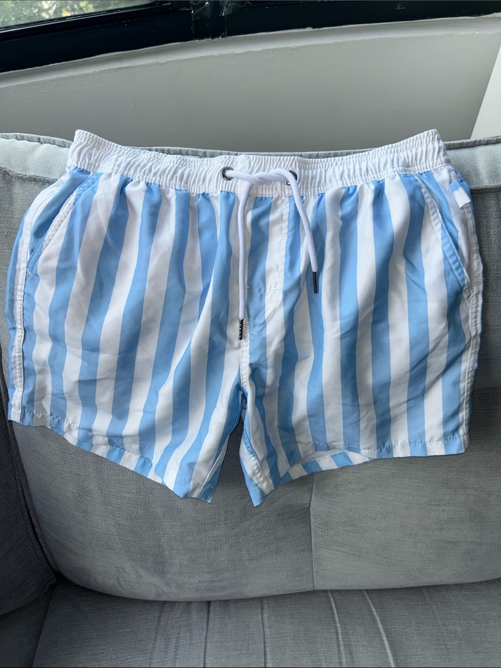 Men's Light Blue & White Striped Swim Trunks